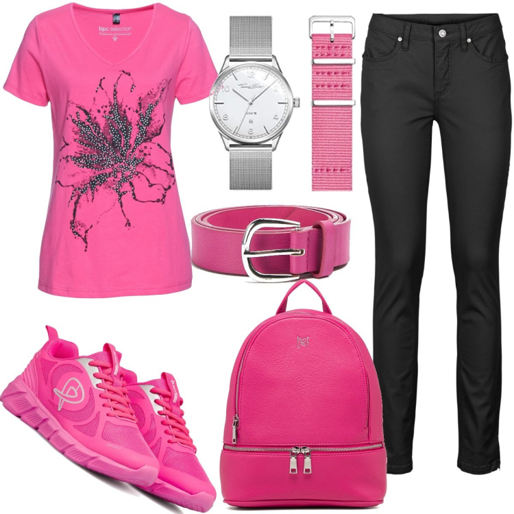 Outfit donna - Total look #1705986. Stile Sporty chic per Tutti i giorni. Abbinamento con jeans skinny, t-shirt, cinture, zaini, scarpe sportive, orologi analogici.