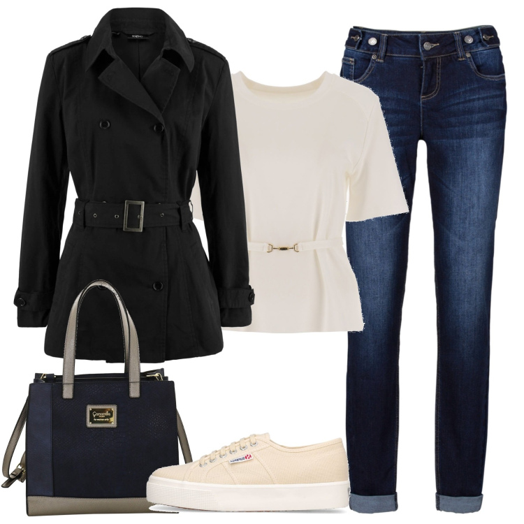 Outfit donna - Il trench corto. Stile Casual chic per Tutti i giorni. Abbinamento con jeans boyfriend, trench, t-shirt, sneakers, borse a mano.