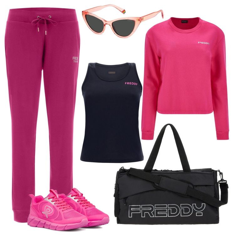 Outfit donna - Pink Is Good n.1. Stile Sporty chic per Sport. Abbinamento con borse sportive, pantaloni, felpe, canottiere, scarpe sportive, occhiali da sole.
