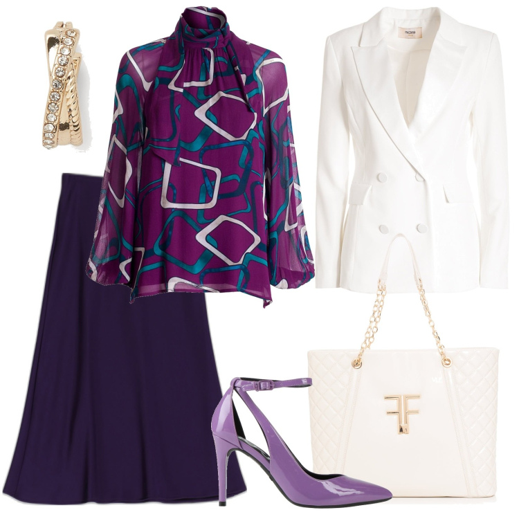 Outfit donna - Curvy, viola scuro n.1. Stile Chic per Serata fuori. Abbinamento con décolleté, bluse, blazer, shopping bag, gonne longuette, orecchini.