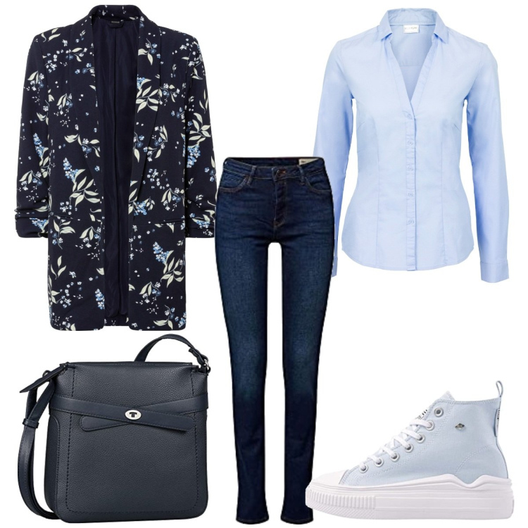 Outfit femme - Tendance urban au travail. Style Urban pour Bureau. Assortir avec blazers, chemisiers, sneakers, jeans, sacs besace.