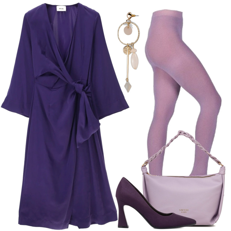 Outfit donna - Mood viola scuro n.2. Stile Chic per Serata fuori. Abbinamento con orecchini, collant, vestiti midi/longuette, borse a mano, décolleté.