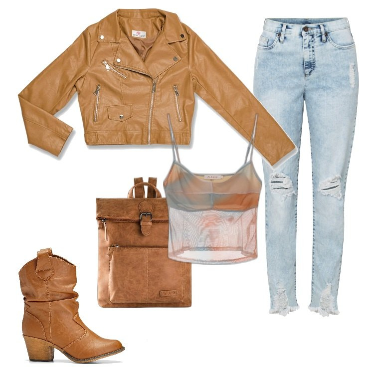 Outfit donna - Total look #1706277. Stile Trendy per Serata fuori. Abbinamento con zaini, stivaletti texani, jeans mom, top, cappotti.