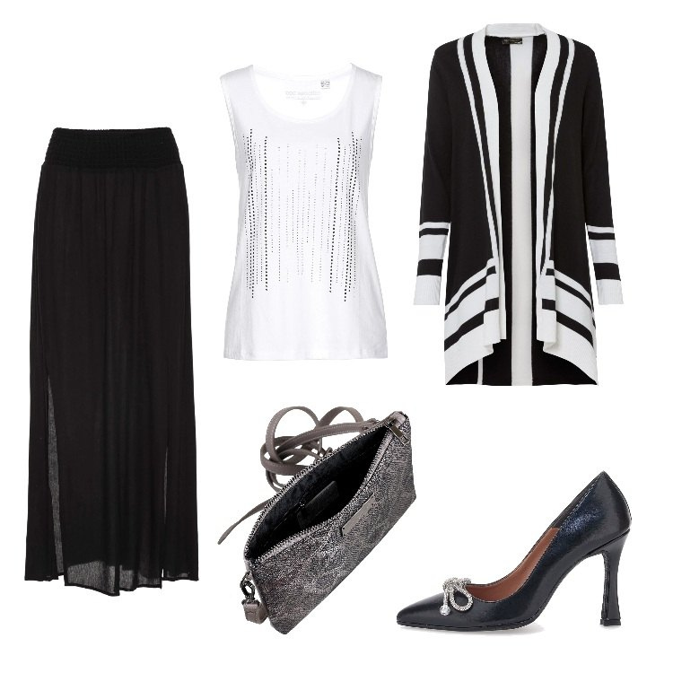 Outfit donna - Total look #1706340. Stile Chic per Tutti i giorni. Abbinamento con gonne lunghe, top, cardigans, borse a mano, décolleté.