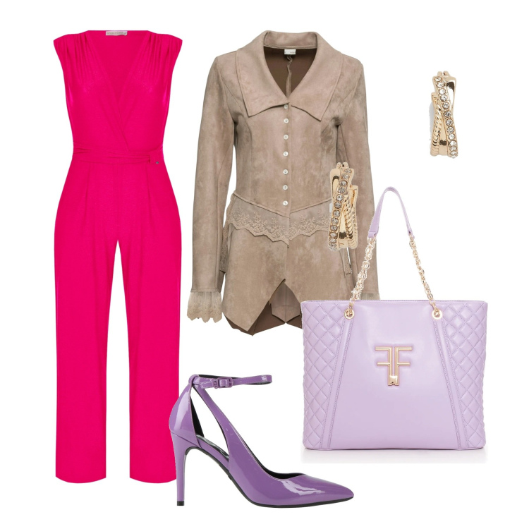 Outfit donna - A cena fuori sotto la pioggia. Stile Casual chic per Serata fuori. Abbinamento con blazer, décolleté, tute, shopping bag, orecchini.