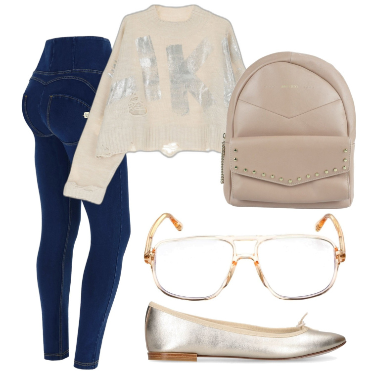 Outfit donna - Rientro a scuola. Abbinamento con zaini, maglieria, jeggings, ballerine, occhiali da sole.