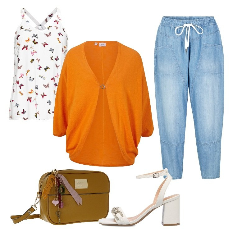 Outfit donna - Total look #1706447. Stile Boho per Tutti i giorni. Abbinamento con top, cardigans, jeans, sandali gioiello, borse a tracolla.