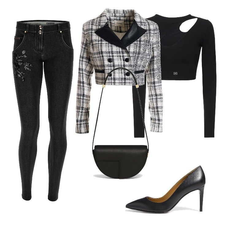 Outfit donna - Total look #1706530. Stile Chic per Serata fuori. Abbinamento con blazer, jeans skinny, décolleté, top, borse a spalla.