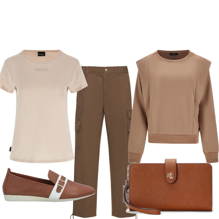 Outfit donna - Total look #1706542. Stile Basic per Tutti i giorni. Abbinamento con mocassini, t-shirt, maglieria, pochette, pantaloni cargo.