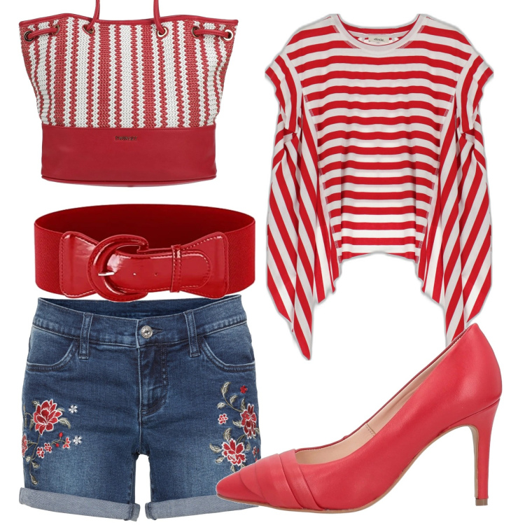 Outfit donna - Shorts e tacchi alti. Stile Casual chic per Tutti i giorni. Abbinamento con shorts, décolleté, borse a mano, t-shirt, cinture.