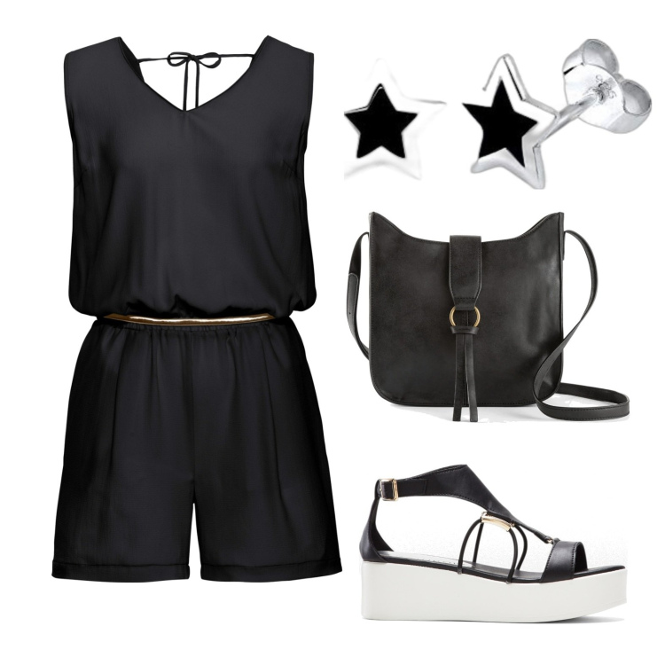 Outfit donna - Gli orecchini a stella. Stile Casual per Mare. Abbinamento con borse a tracolla, tuta corta, sandali col tacco, orecchini.