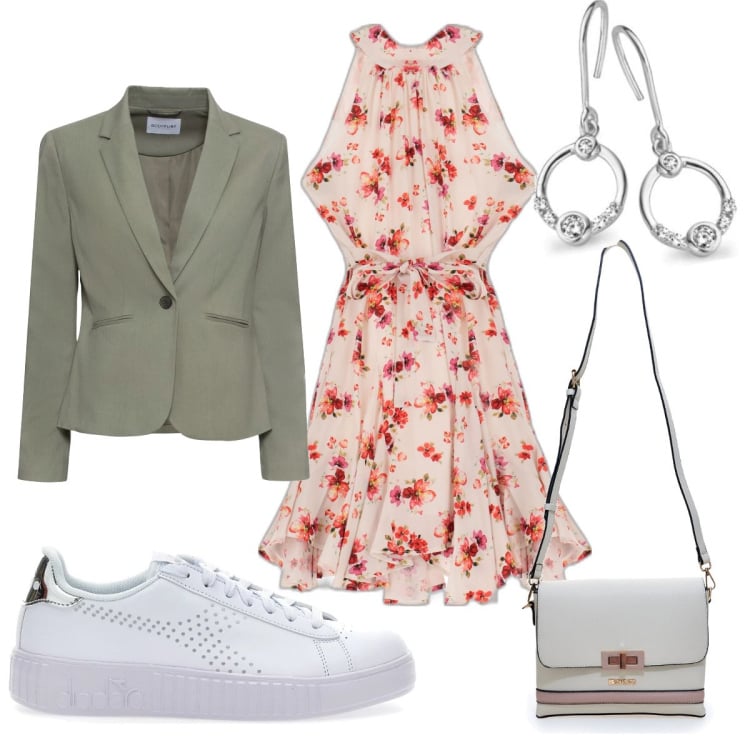 Outfit donna - Giacca e sneakers. Stile Casual chic per Tutti i giorni. Abbinamento con blazer, vestiti corti, borse a tracolla, sneakers, orecchini.