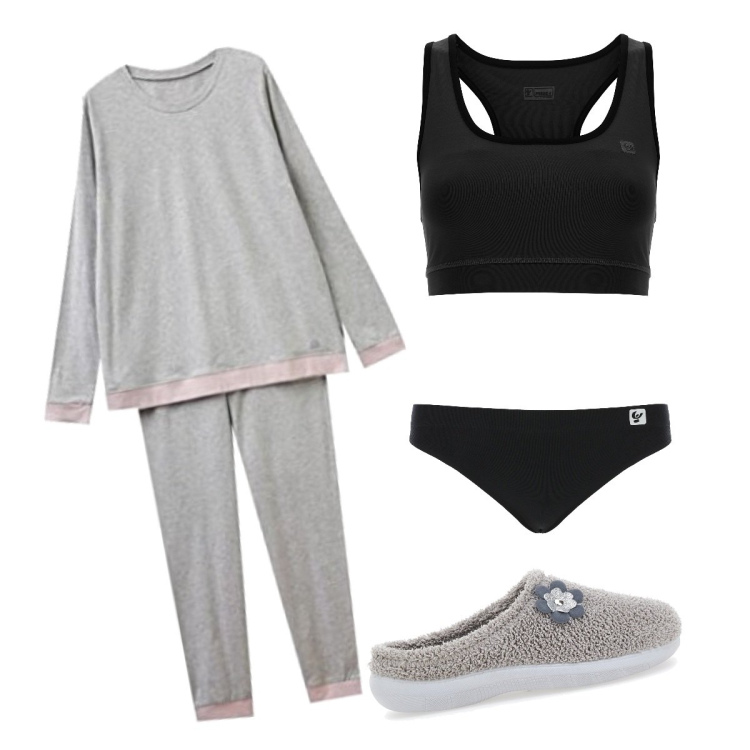 Outfit donna - Buonanotte. Stile Basic per Tutti i giorni. Abbinamento con slip, reggiseni, pantofole, pigiama.