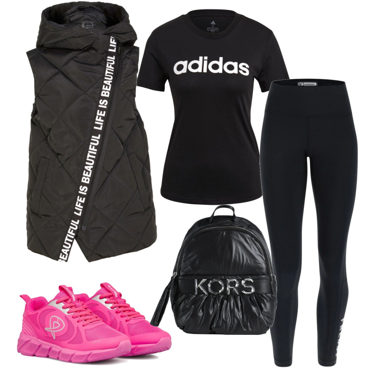 Outfit donna - Let\'s go to the pink run. Stile Sporty chic per Sport. Abbinamento con gilet, zaini, leggings, scarpe sportive, t-shirt.