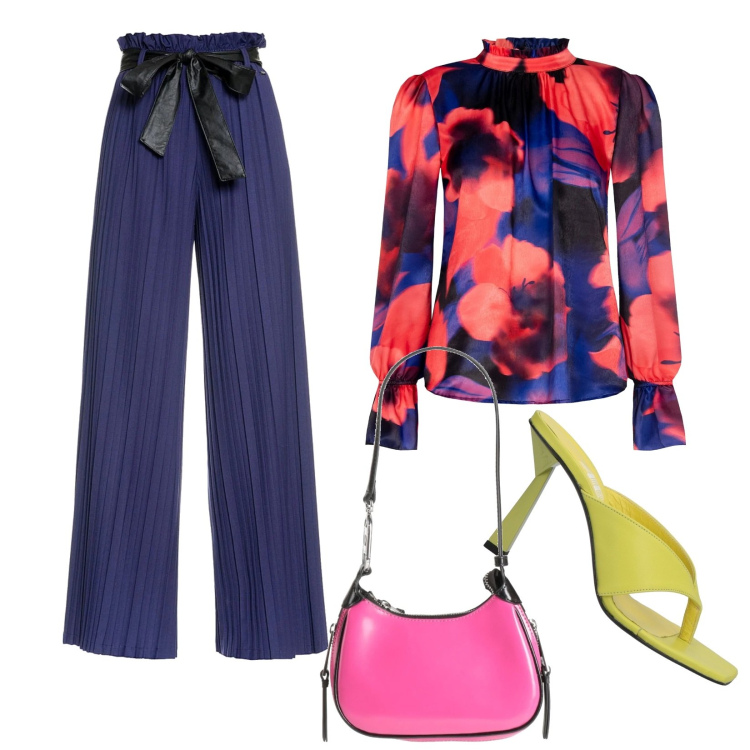 Outfit donna - Viola scuro. Stile Trendy per Serata fuori. Abbinamento con borse a spalla, infradito, bluse, pantaloni a palazzo.