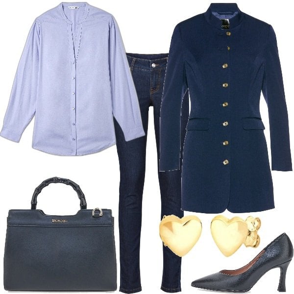 Outfit donna - Settembre in ufficio curvy. Stile Sporty chic per Ufficio. Abbinamento con jeans skinny, blazer, camicie, borse a mano, décolleté, orecchini.