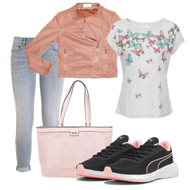 Outfit donna - Sporty chic Pink parade. Stile Sporty chic per Tutti i giorni. Abbinamento con maglieria, jeans, cappotti, scarpe sportive, borse a spalla.