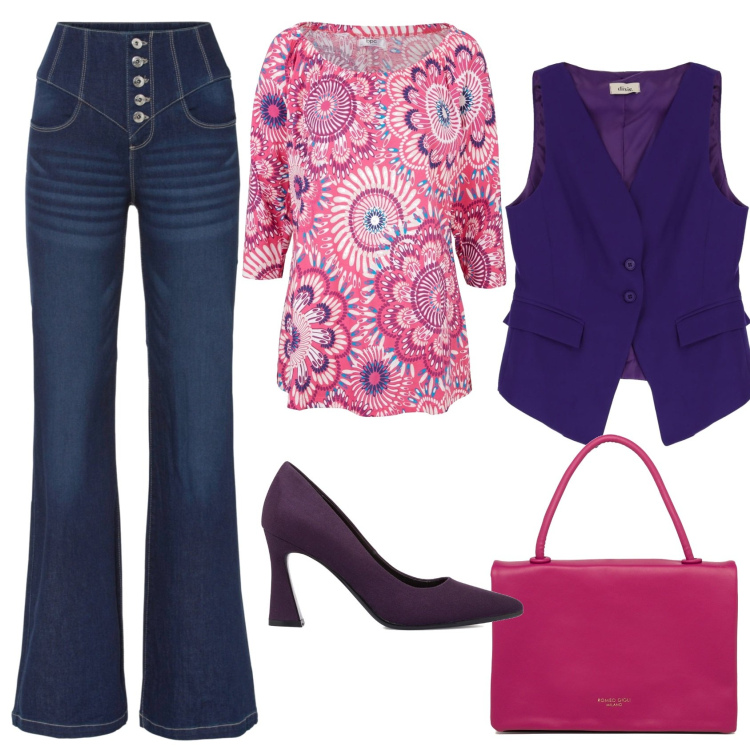 Outfit donna - Il gilet viola scuro. Stile Casual chic per Tutti i giorni. Abbinamento con maglieria, jeans a zampa, gilet, borse a mano, décolleté.