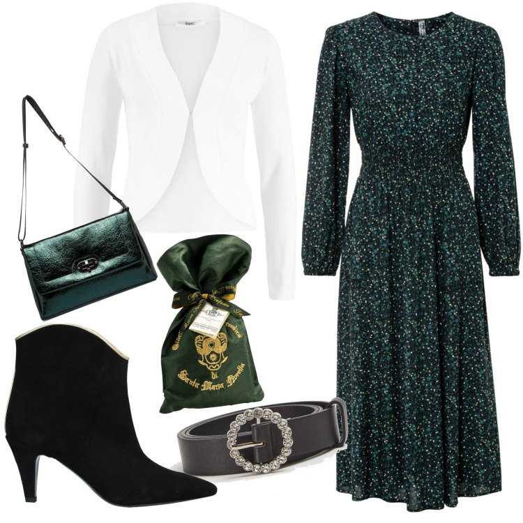 Outfit donna - Abito e stivaletti. Stile Casual chic per Tutti i giorni. Abbinamento con vestiti midi/longuette, blazer, stivaletti, cinture, borse a tracolla, profumi.