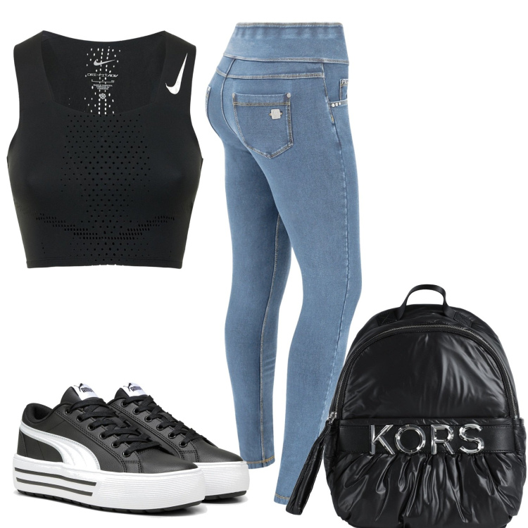 Outfit donna - Trendy girl. Stile Trendy per Tutti i giorni. Abbinamento con zaini, pantaloni, sneakers, top.