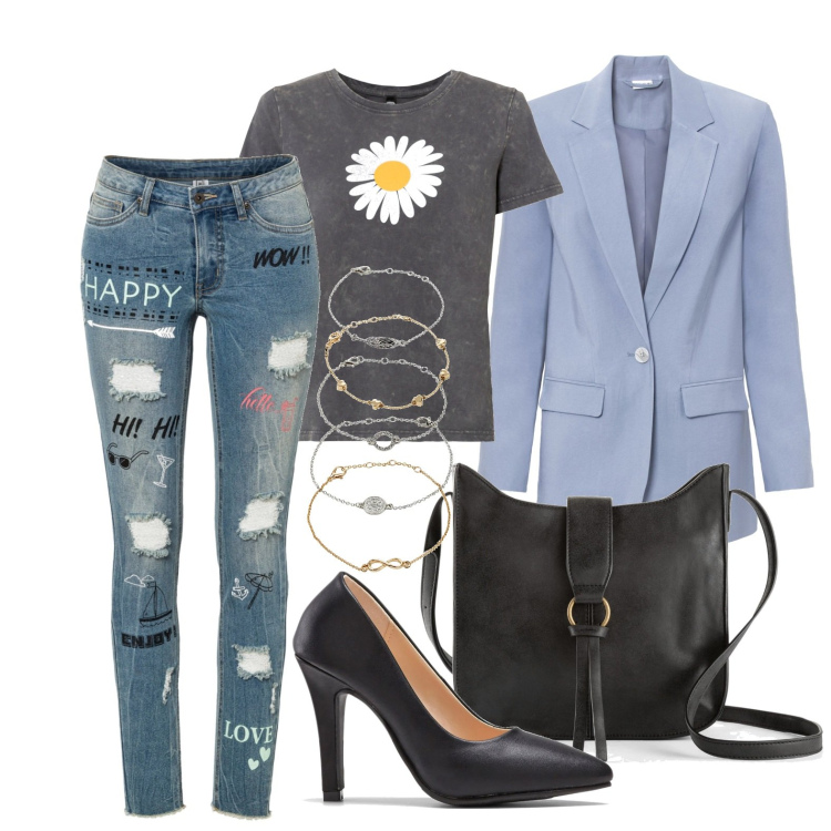 Outfit donna - Ghost outfitter - settembre. Stile Casual chic per Tutti i giorni. Abbinamento con t-shirt, borse a tracolla, braccialetti con ciondoli, jeans skinny, blazer, décolleté.