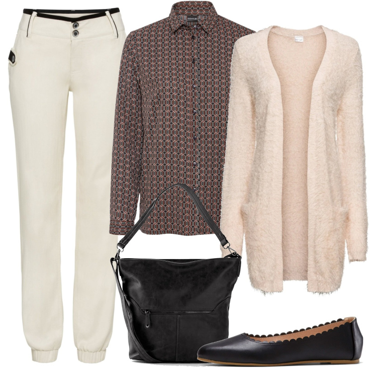 Outfit donna - Perfetta. Stile Casual per Ufficio. Abbinamento con borse a tracolla, pantaloni, cardigans, camicie, ballerine.