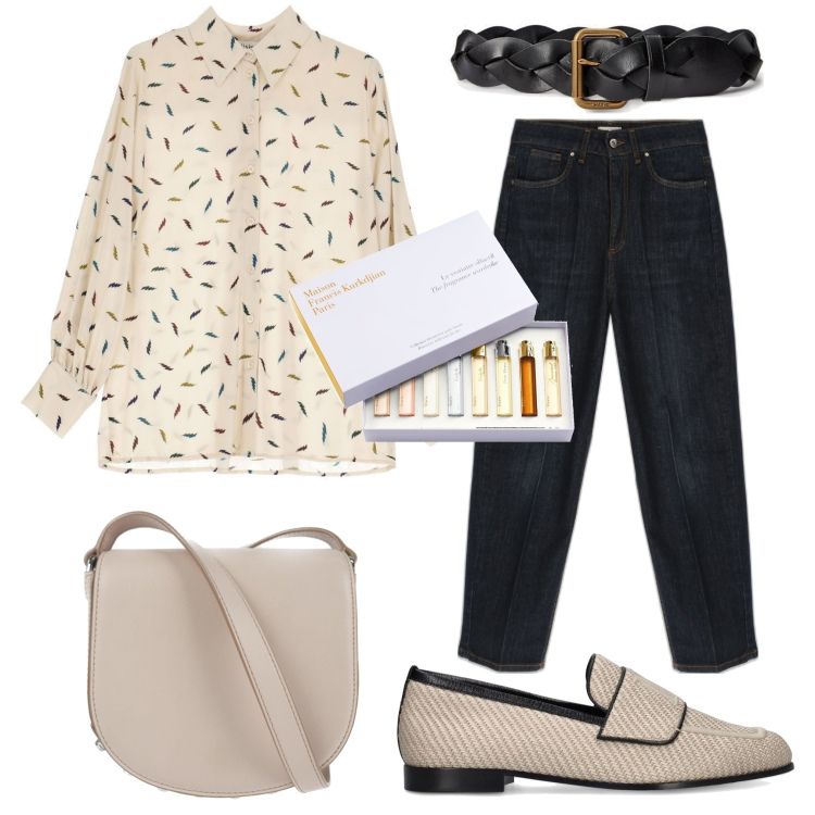 Outfit donna - Lunedì. Stile Bon Ton per Ufficio. Abbinamento con borse a spalla, camicie, jeans, cinture, mocassini, profumi.