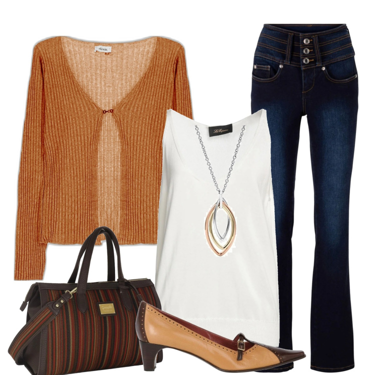 Outfit donna - City. Stile Casual chic per Tutti i giorni. Abbinamento con jeans bootcut, décolleté, top, cardigans, collane, borse a mano.