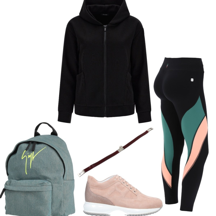 Outfit donna - Total look #1706893. Stile Sporty chic per Sport. Abbinamento con sneakers, zaini, braccialetti, leggings, felpe con cappuccio.