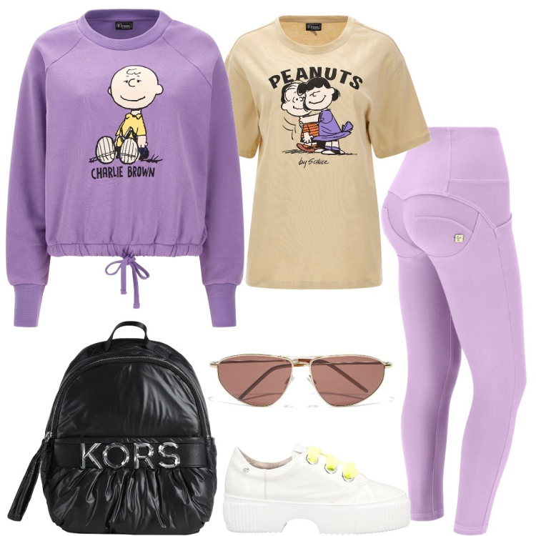 Outfit donna - Total look #1706902. Stile Sporty chic per Tutti i giorni. Abbinamento con occhiali da sole, sneakers, zaini, pantaloni skinny, t-shirt, felpe.