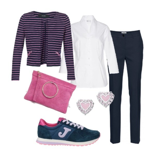 Outfit donna - Con le sneakers blu e rosa. Stile Bon Ton per Ufficio. Abbinamento con camicie, pantaloni, sneakers, giacca blu, pochette effetto scamosciato con zip, orecchini a perno argento e rosa.