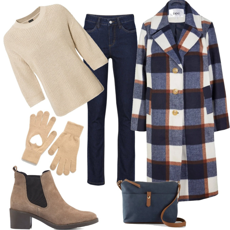 Outfit donna - I guanti con il cuore. Stile Trendy per Tutti i giorni. Abbinamento con jeans, maglieria, cappotti, borse a tracolla, guanti, stivaletti.