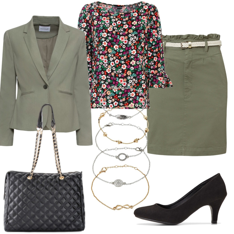 Outfit donna - Utility chic fall. Stile Casual chic per Ufficio. Abbinamento con blazer, décolleté, shopping bag, braccialetti con ciondoli, minigonne, bluse.