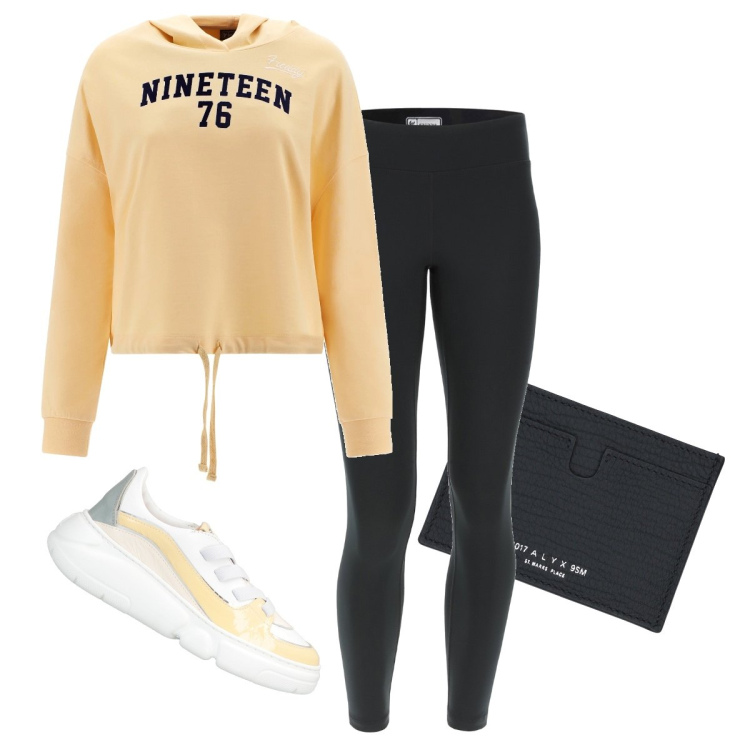 Outfit donna - La felpa con il cappuccio. Stile Sporty chic per Sport. Abbinamento con sneakers, portafogli, leggings sportivo, felpe con cappuccio.