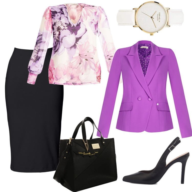 Outfit donna - Very chic. Stile Chic per Ufficio. Abbinamento con gonne longuette, blazer, bluse, décolleté, borse a mano, orologi analogici.