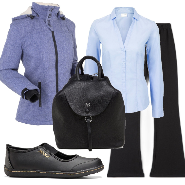Outfit donna - Autunno quotidiano. Stile Basic per Tutti i giorni. Abbinamento con camicie, ballerine, cappotti, pantaloni, zaini.
