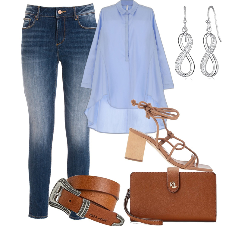 Outfit donna - Jeans e camicia. Stile Casual chic per Tutti i giorni. Abbinamento con infradito, camicie, jeans skinny, pochette, orecchini, cinture.