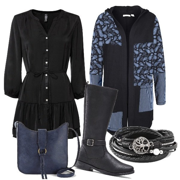Outfit donna - Total look #1707105. Stile Casual chic per Tutti i giorni. Abbinamento con stivali, braccialetti, cardigans, vestiti, borse a tracolla.