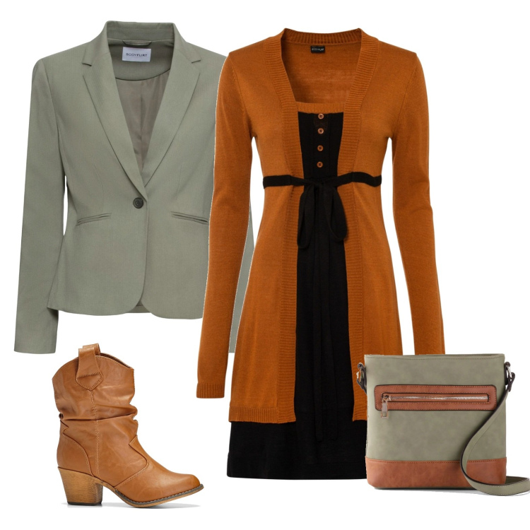 Outfit donna - Autumn vibes. Stile Casual chic per Ufficio. Abbinamento con blazer, vestiti, stivaletti texani, borse a tracolla.