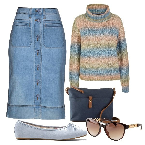 Outfit donna - Total look #1707108. Stile Basic per Tutti i giorni. Abbinamento con gonne, maglieria, ballerine, borse a tracolla, occhiali da sole.