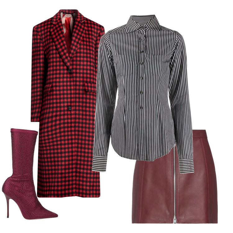 Outfit donna - Autumn: in grigio e rosso. Stile Casual chic per Tutti i giorni. Abbinamento con stivali, cappotti, camicie, minigonne.