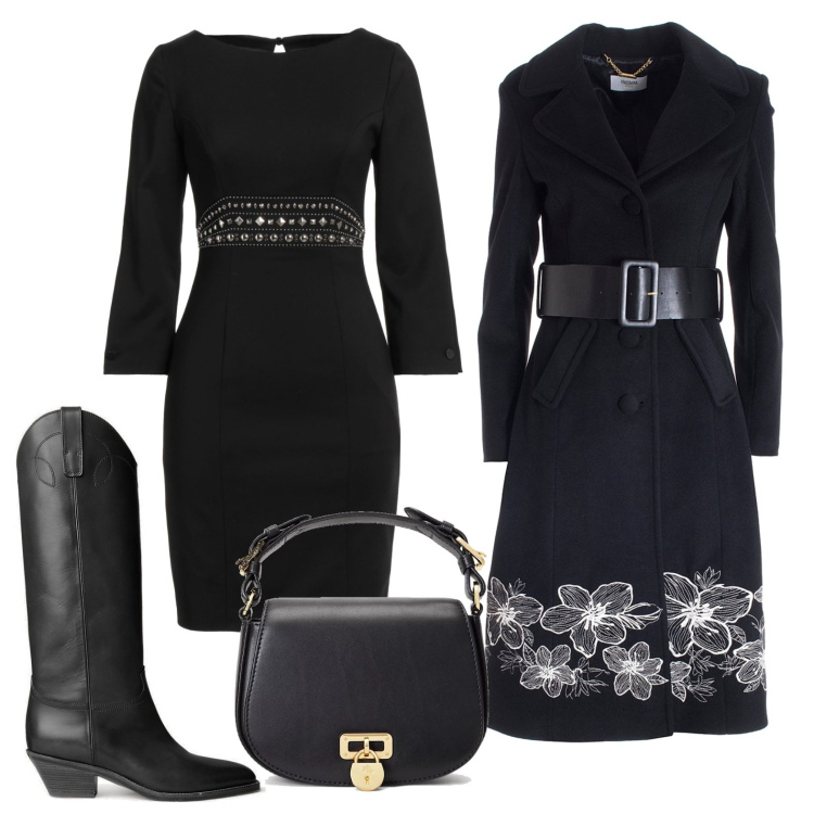 Outfit donna - Settembre in nero. Stile Chic per Serata fuori. Abbinamento con vestiti corti, cappotti, borse a tracolla, stivali.
