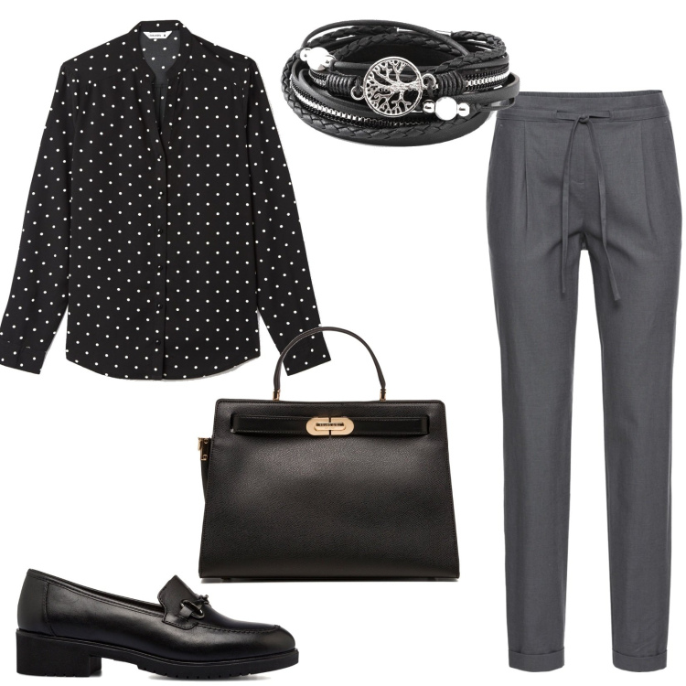 Outfit donna - Fall Winter bantoa. Stile Minimal per Ufficio. Abbinamento con pantaloni, braccialetti, camicie, mocassini, borse a mano.