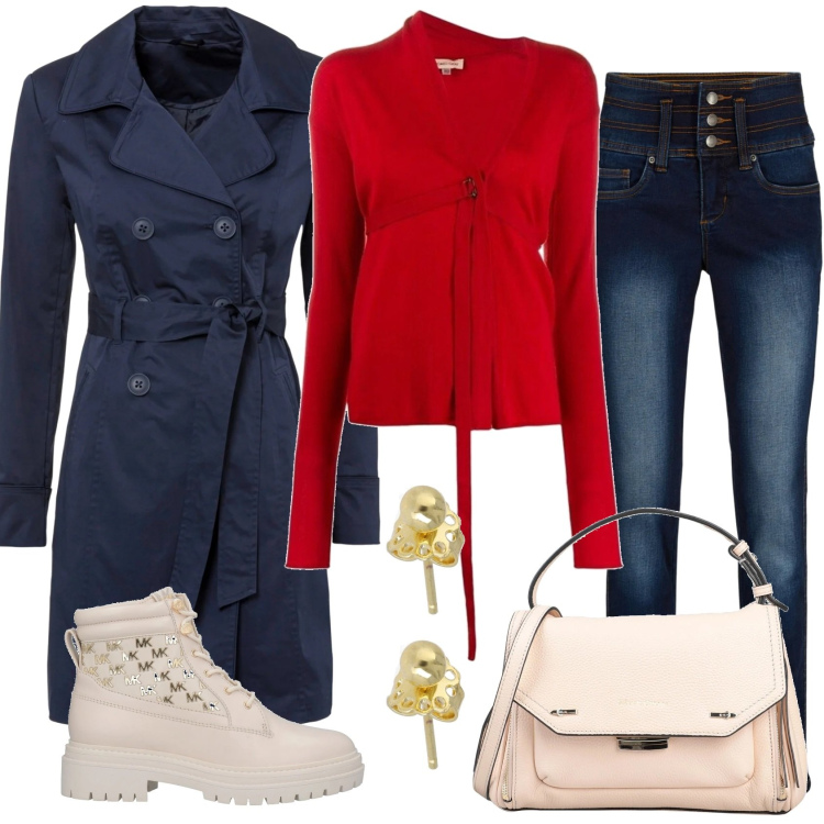 Outfit donna - Fall winter. Stile Casual chic per Tutti i giorni. Abbinamento con stivaletti, borse a mano, cardigans, trench, jeans, orecchini.