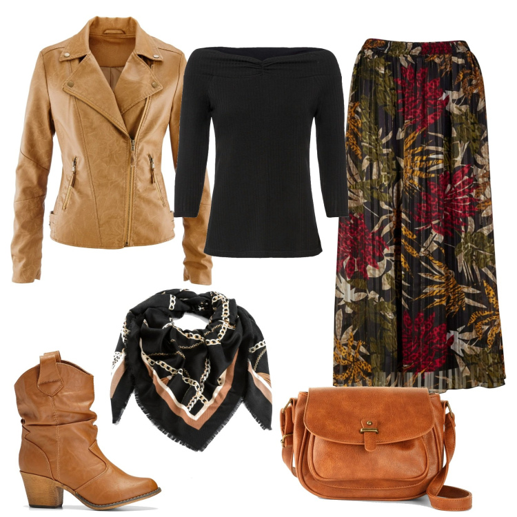 Outfit donna - Utility chic fall. Stile Trendy per Tutti i giorni. Abbinamento con borse a tracolla, gonne lunghe, maglieria, blazer, stivaletti texani, foulard.