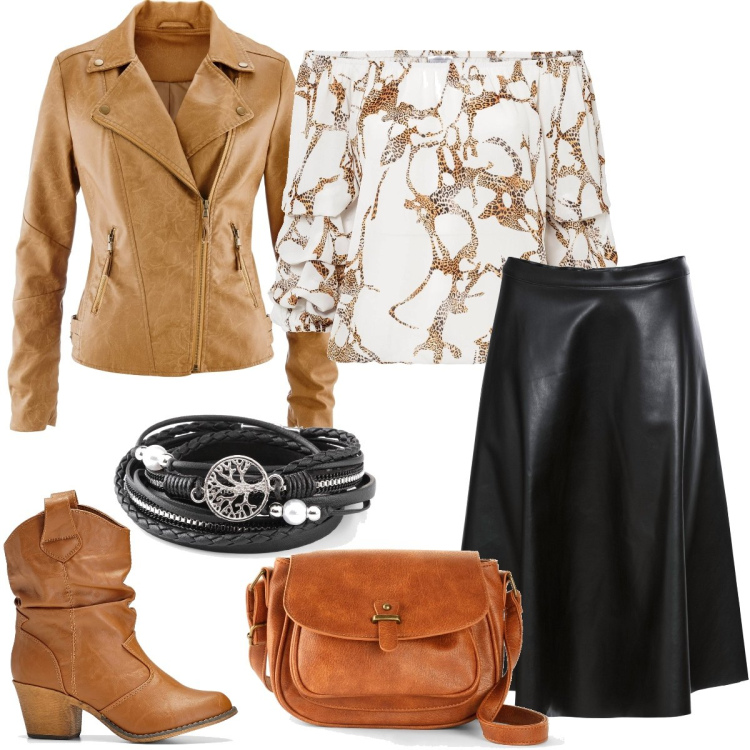 Outfit donna - Total look #1707290. Stile Casual chic per Tutti i giorni. Abbinamento con borse a tracolla, braccialetti, gonne, bluse, blazer, stivaletti texani.