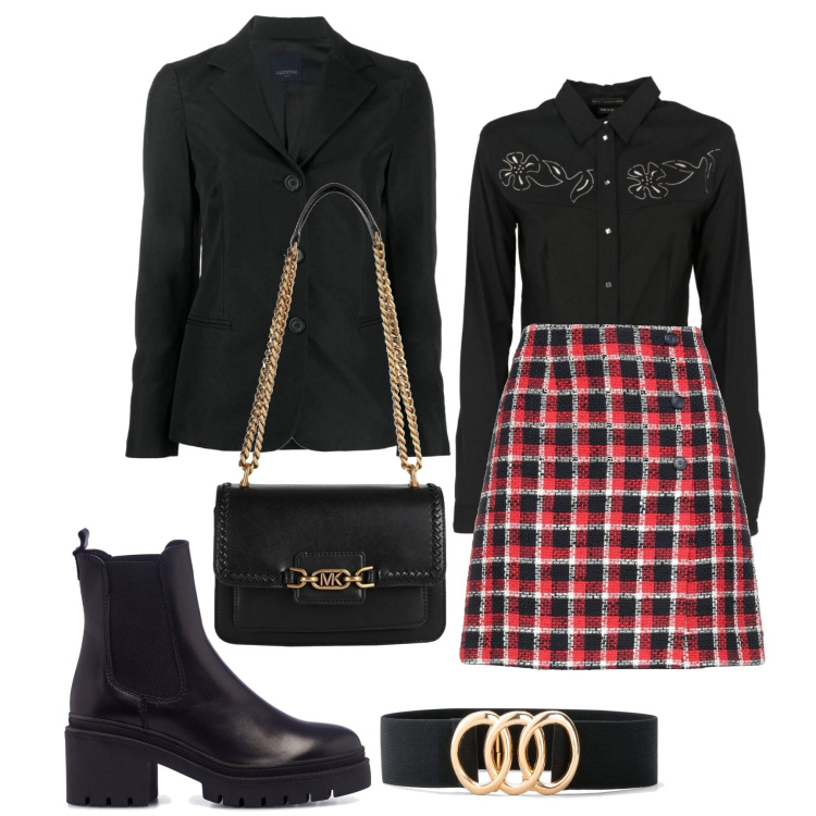 Outfit donna - L\'autunno è in arrivo. Stile Trendy per Tutti i giorni. Abbinamento con cinture, minigonne, blazer, borse a spalla, camicie, stivaletti.