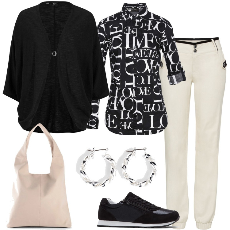Outfit donna - Total look #1707303. Stile Casual chic per Tutti i giorni. Abbinamento con cardigans, sneakers, orecchini, pantaloni, camicie, shopping bag.