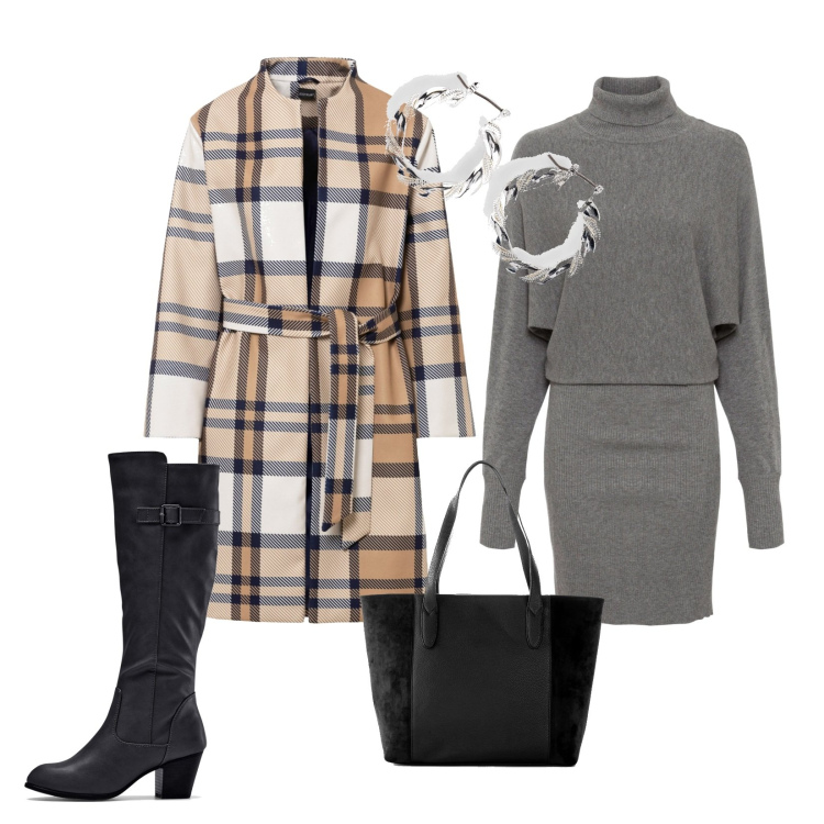 Outfit donna - Total look #1707346. Stile Casual chic per Serata fuori. look ideale per Tall. Abbinamento con vestiti, stivali, shopping bag, orecchini, cappotti.