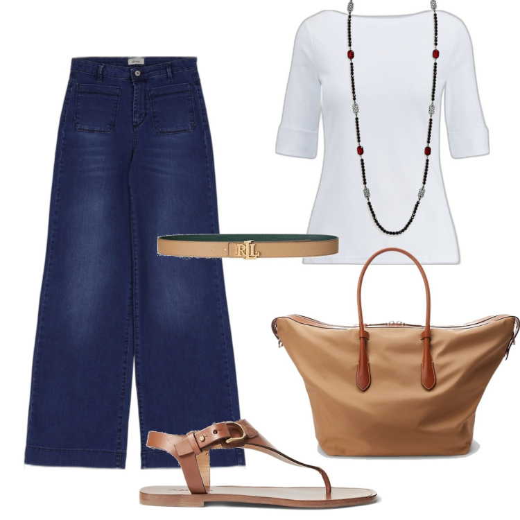 Outfit donna - Pomeriggi un po\' più freschi. Stile Casual chic per Tutti i giorni. Abbinamento con jeans, cinture, borse tote, collane, t-shirt, infradito.